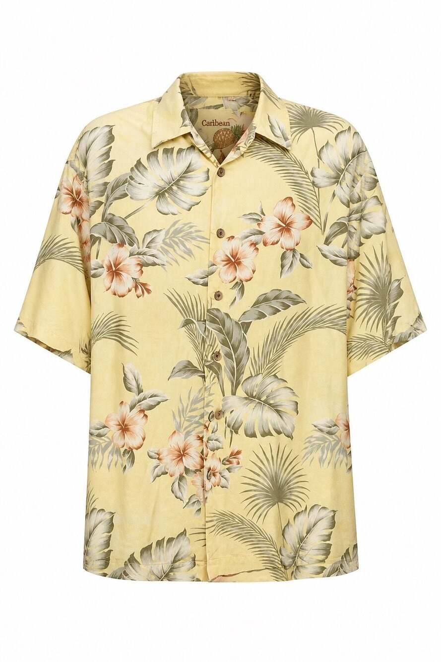 Caribbean Men's Yellow Floral Tropical Button-Down Shirt Silk/Cotton Blend #1393